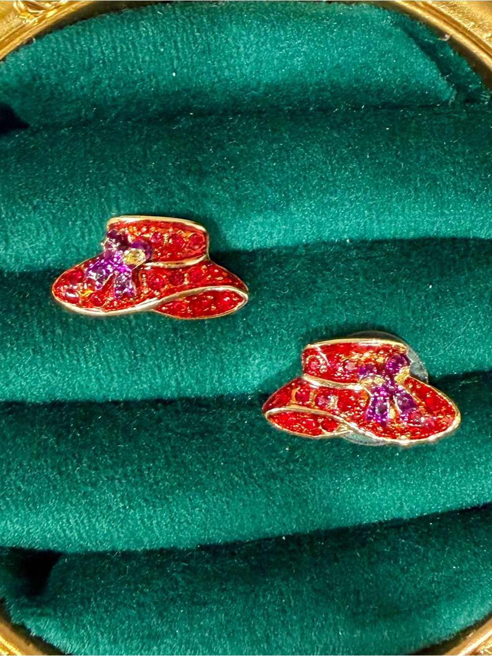 Avon Red Hat Earrings with Purple Bow Accents